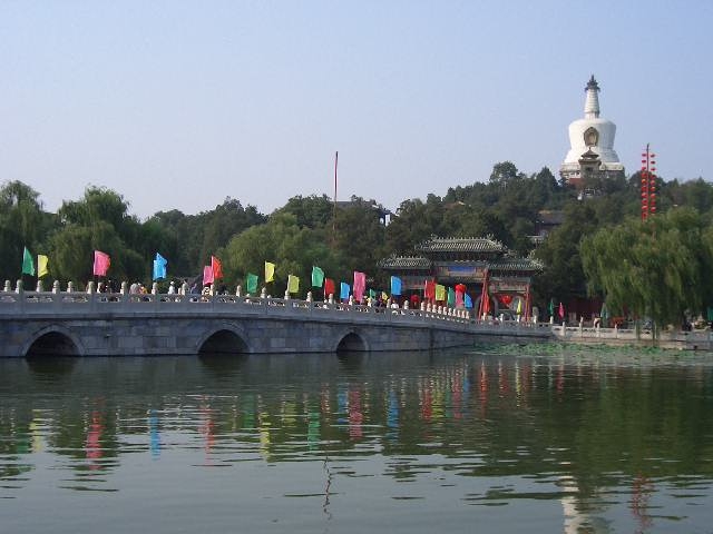 This is in image of a bridge with flags over a waterway